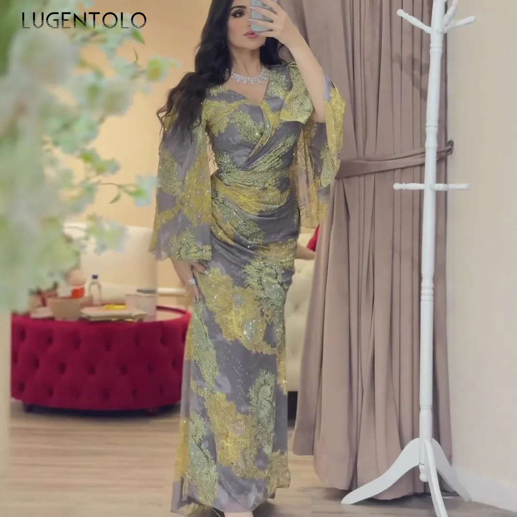 المرأة الشيفون فستان مثير كبير سوينغ طباعة مأدبة طويلة الأكمام الخامس الرقبة سليم سيدة أنيقة كوكتيل حفلة الإمبراطورية ملابس جديدة