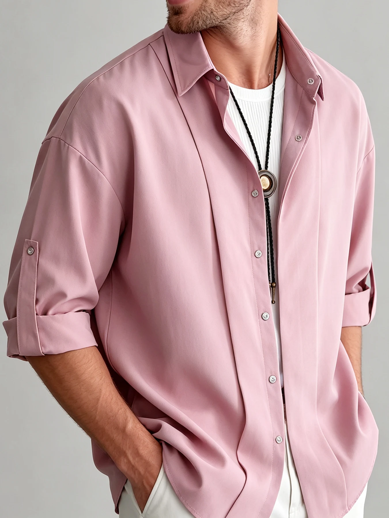 Men's Clothing, Men's Ready-To-Wear, Solid Color Shirts with Roll-Up Sleeves, Men's Outfits, Soft Casual Everyday Tops