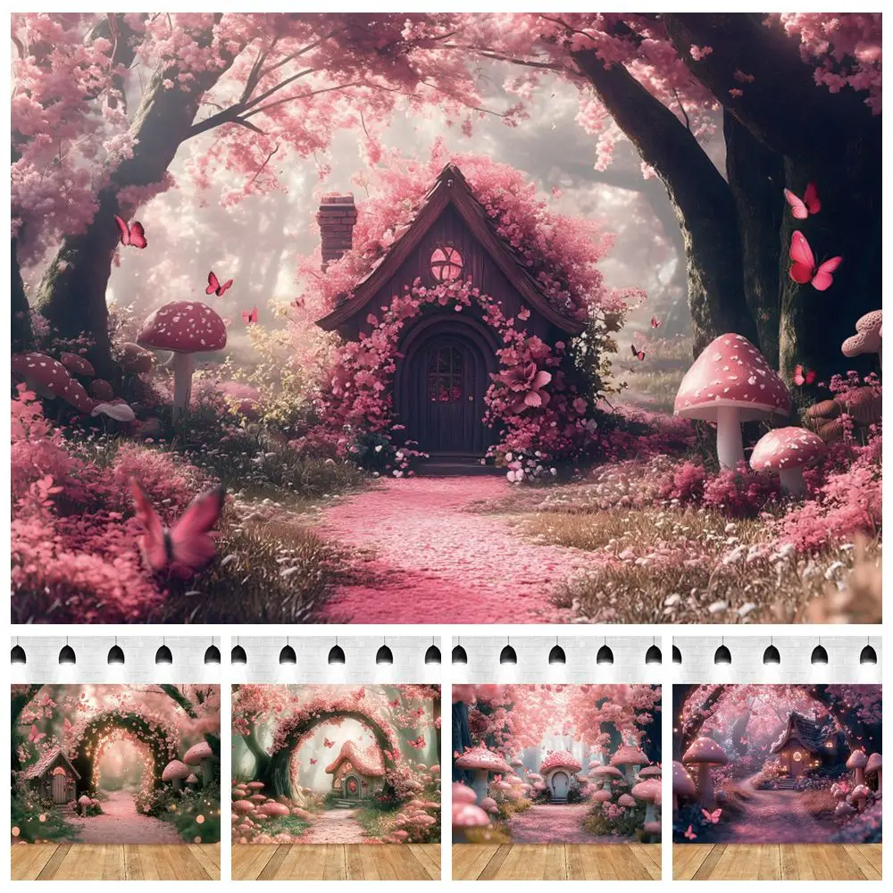 

Pink Enchanted Forest Photography Backdrop Flower Trees Mushroom Butterfly Princess Kids Birthday Party Wedding Photo Background