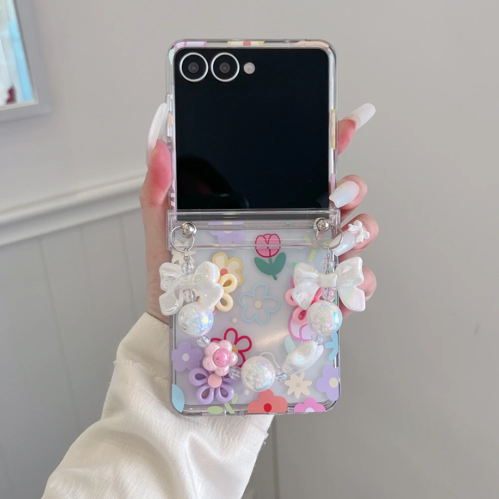 Transparent Coloful Flowers With Bowknot Lanyard Bracelet Phone Case For Samsung Z Flip 5 4 3 6 7 FE Shockproof Bumper Cover