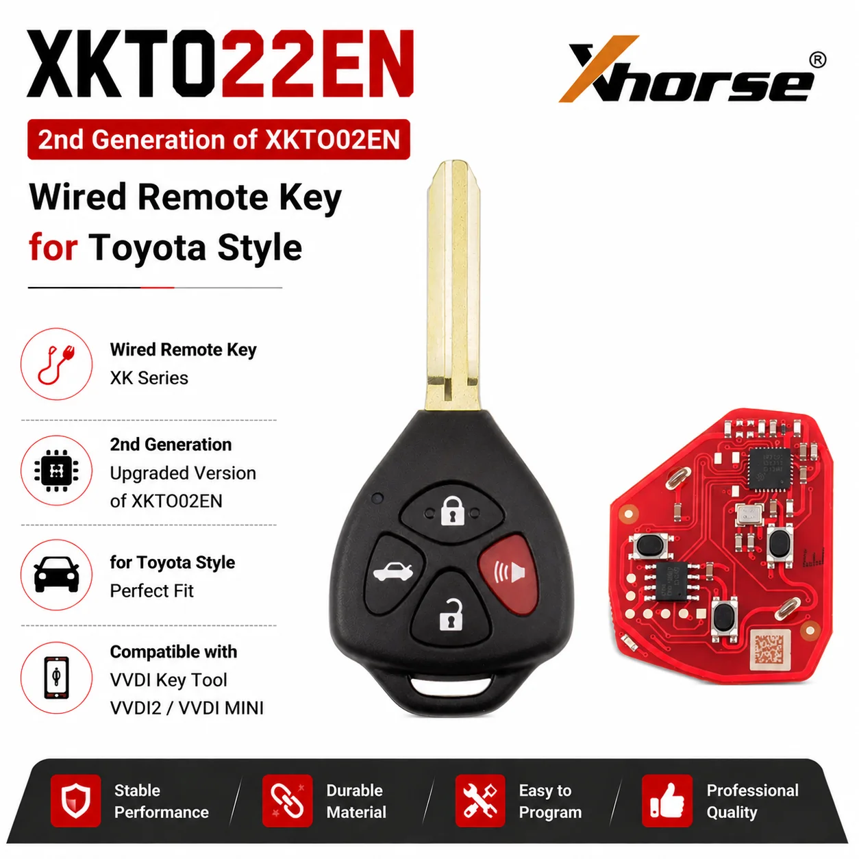 XHORSE XKTO22EN Wired Remote Key for Toyota Style Second Generation of XKTO02EN Flat 4 Buttons Car Remote Key for VVDI Key Tool