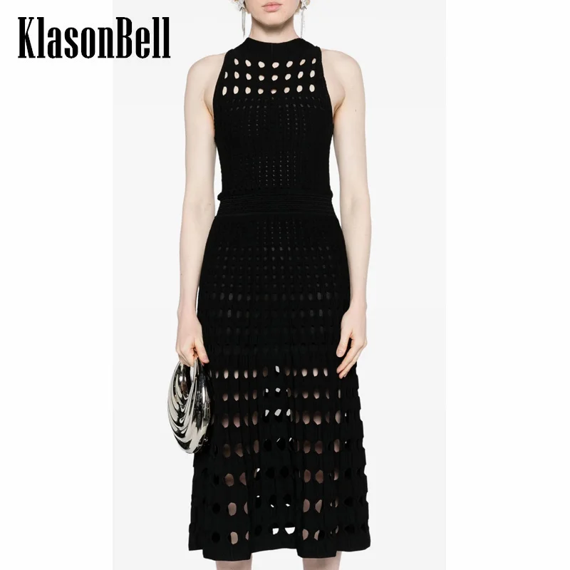 

7.2 KlasonBell Women Fashion Elegant Hollow Out Weave Knitted Midi Dress Solid O-Neck Collect Waist Sleeveless Tank Dress