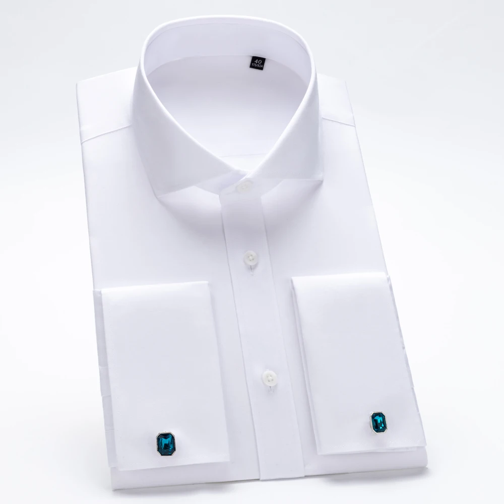 Men's Wedding French Cuff Dress Shirt Cotton 100% Long Sleeve Classic Fit Non Iron Windsor Collar Shirts with Free cufflinks