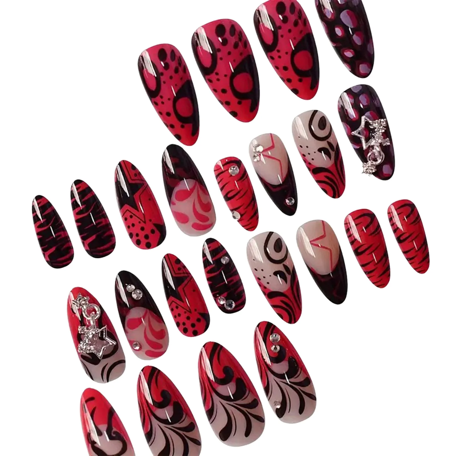 24PCS Red Black Fake Nails with Metal Star Decor Y2k Almond False Nail Tips for Women Wearable French Almond Press on Nails