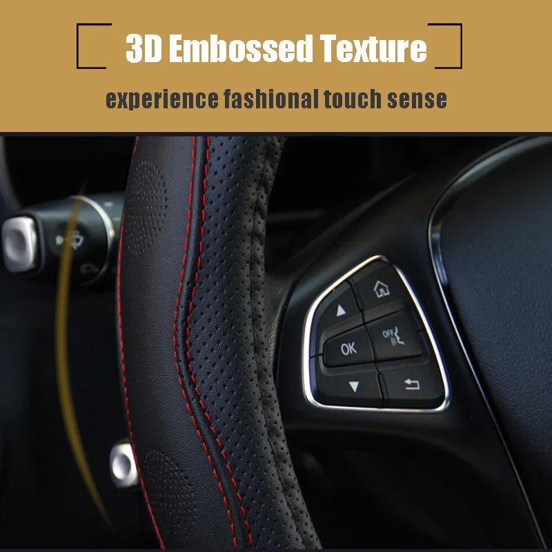 Fabric Leather Universal Car Steering Wheel Cover Embossed Style Anti Slip Breathable Steering Wheel Protector Dust Proof Cover