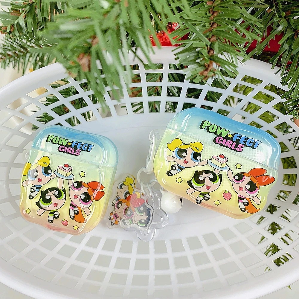 

The Powerpuff Girls Cool Rainbow Pairing Earphone Case For Apple AirPods 4 1/2 3 Pro 2 With Bell Pendant TPU Protective Cover