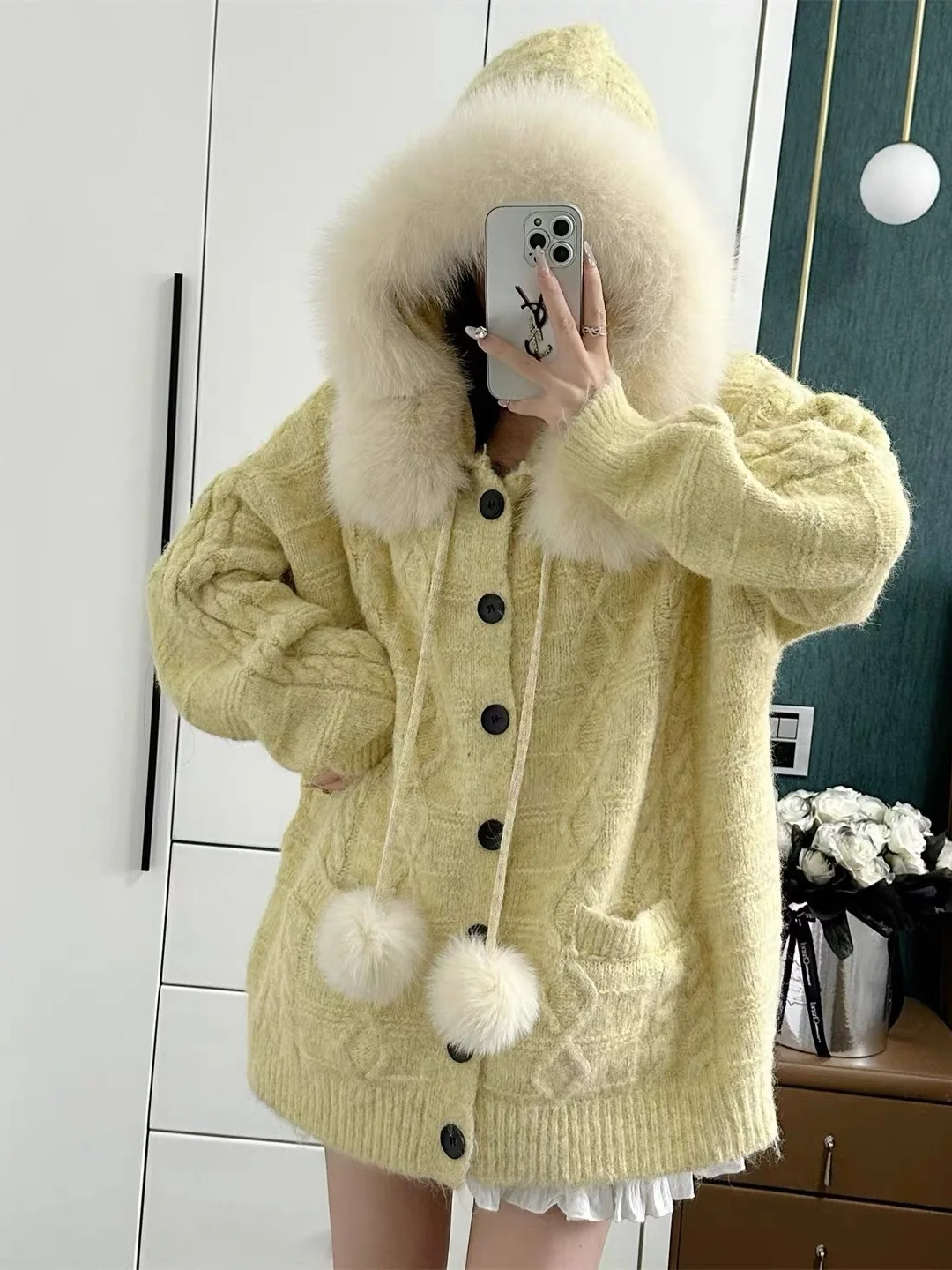 패셔너블 탈부착 가능한 퍼 칼라 후드 루즈 니트 가디건 여성용 초가을 2025 오픈 프론트 스웨터 아우터웨어