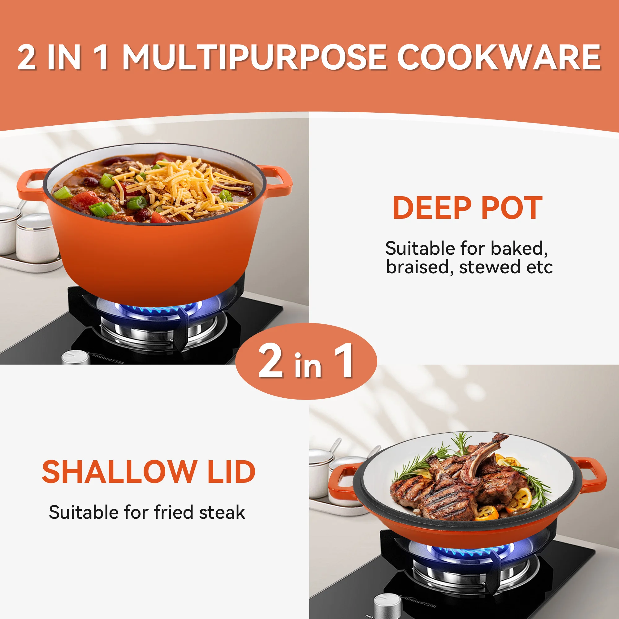 Panela holandesa de ferro fundido esmaltado 2 em 1 6QT com tampa 2QT - alças duplas grandes - segura para forno até 500 ° F - Pote redondo clássico
