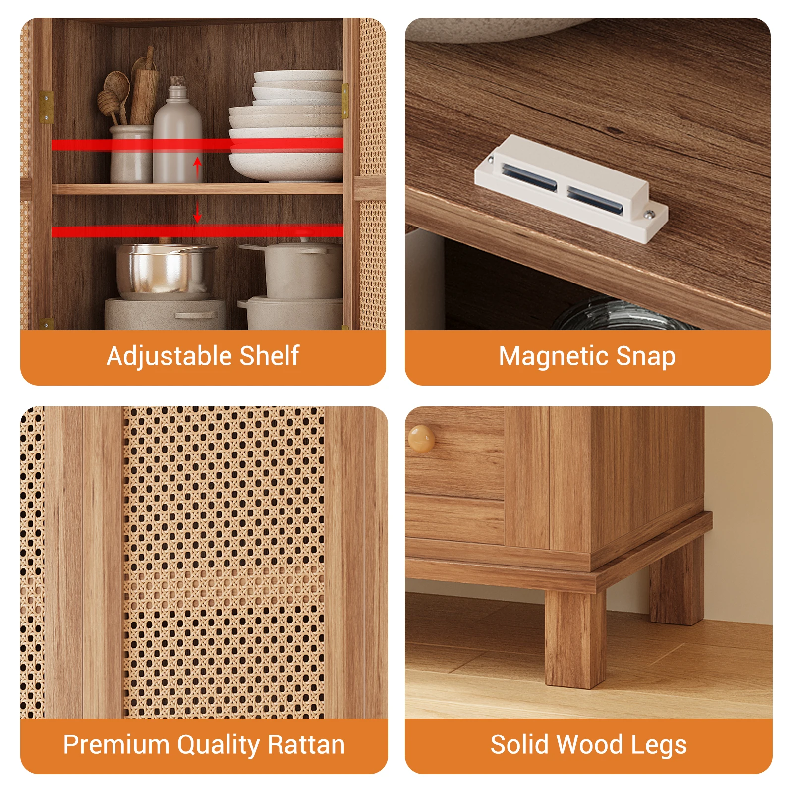 High Freestanding Tall Kitchen Pantry, Kitchen Pantry Storage Cabinet with Rattan Doors, Adjustable Shelf, for Kitchen