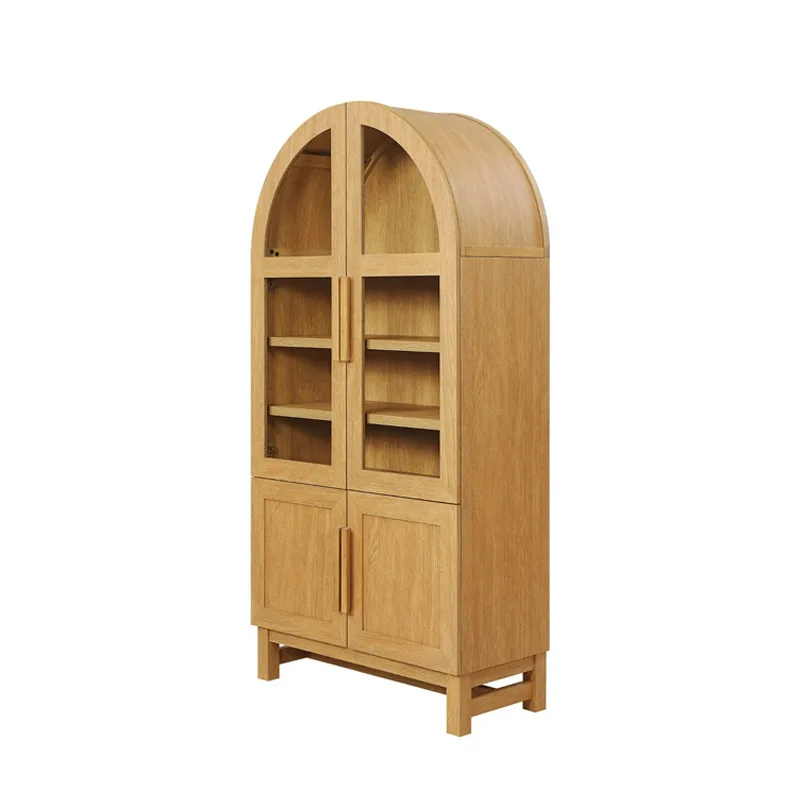 

French retro solid wood bookcase villa antique log color display storage cabinet American light luxury arched wine