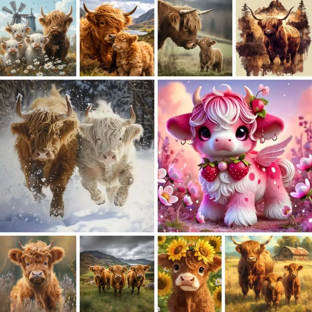 Diamond Painting Full Drill Pink Strawberry Cow Cross Stitch Kit Shaggy Highland Calf DIY Beads Embroidery Farmhouse Wall Art