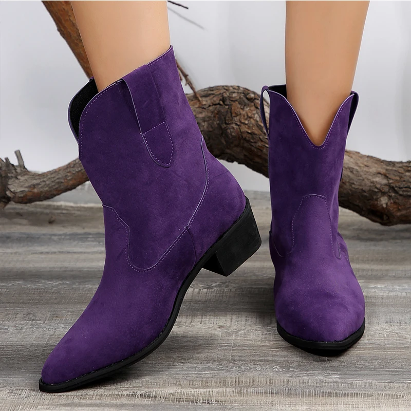 Artifical Suede Leather Women Boots Fashion Purple Pointed Toe Spike Heel Autumn Winter Cowboy Booties Ladies Pink Western Botas