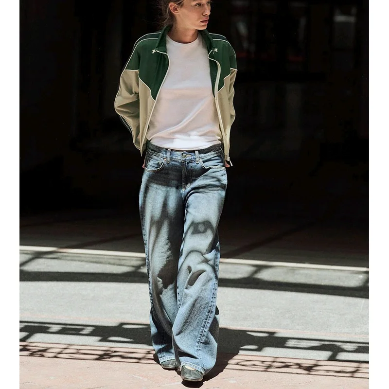 Frühling Damen Hose mit weitem Bein und Farbe Blo Trim Long Sve Stehkragen Jaet Zweiteiliges Set Lange Hose Lässige Sportbekleidung