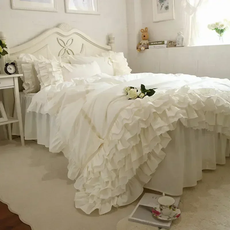 New Embroidery Luxury Bedding Set Beige Lace Cake Layers Ruffle Duvet Cover Quality Fabric Bed Sheet Bedspread Elegant Bed Skirt