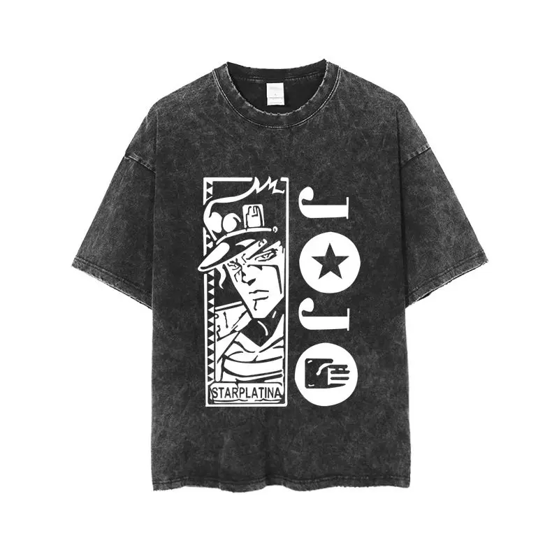 

Jojo's Bizarre Adventure 2026 Summer Vintage Washed Cotton T Shirt Oversized Streetwear Jojo Pose Silhouette Minimalist Retro