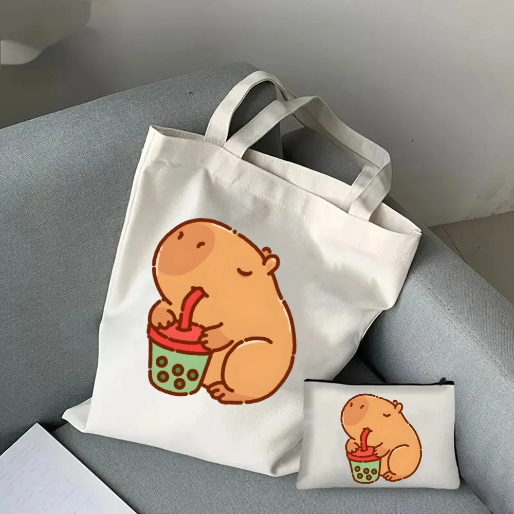 Just A Girl Who Loves Capybaras Gift Bag, 2pcs Capybaras Tote Bag Set, Canvas Shoulder Handbag with Makeup Storage Bag