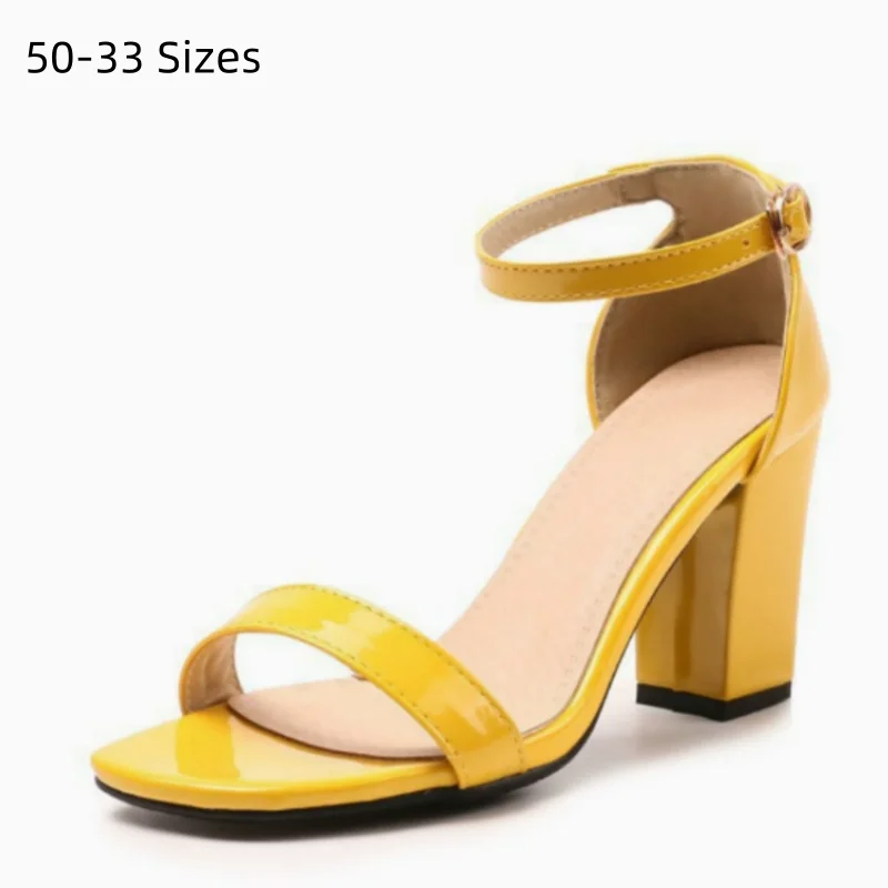 Lady Buckle Strap Sandals De Mujer Patent Leather Cover Heel Square Peep Toe High Top Shoes Plus Size 33 50 Black Green Fashion