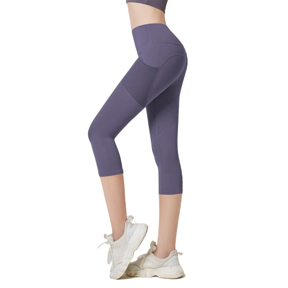 

Female Fitness Calf Length Yoga Cropped Pants Mesh Pocket Quick Dry Fitness Pants Hip Lift Running Sports Leggings Slimming