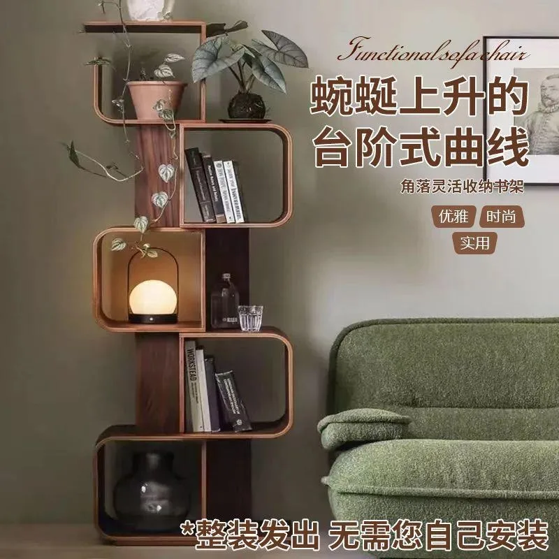 New creative bookshelf Floor-to-ceiling shelf Multi-layer living room Solid wood storage Bookcase Household lattice display rack