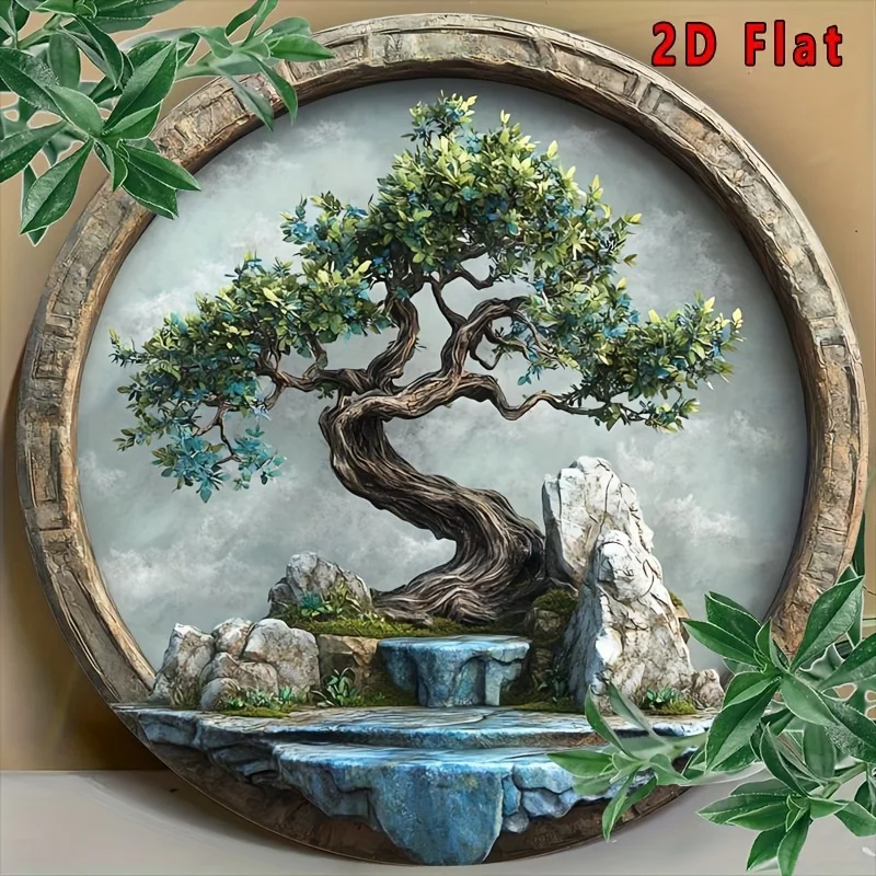 [2D Flat] 1pc, Round Tree of Life Aluminum Wall Art, Classic Bonsai Design, 20.32x20.32 cm, High-Definition 2D Flat Print, Versa