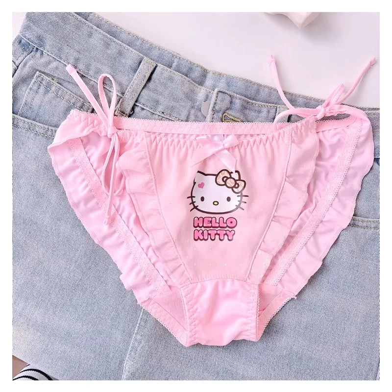 Japanese Kawaii Hello Kitty Pink Ruffles Thin Ribbon Bow Briefs Women Underwear Cute Panties Sides Can Be Undone Adjustable New