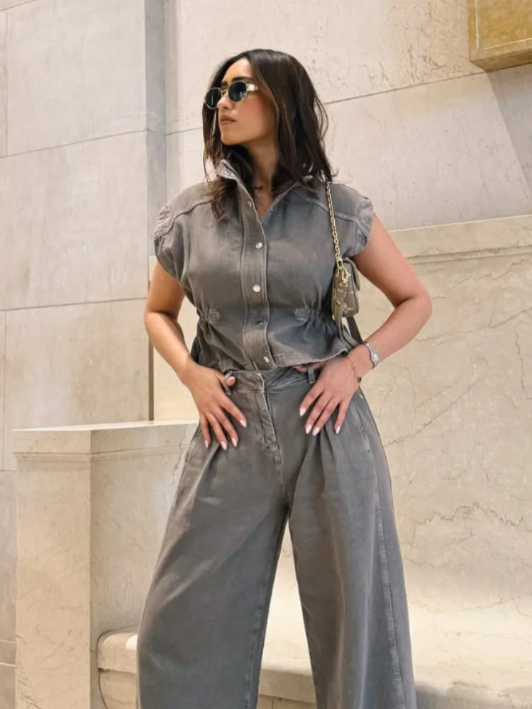 

Стильный уличный комплект из двух предметов: жилет с пуговицами и брюки с завышенной талией, женский повседневный шикарный летний модный наряд