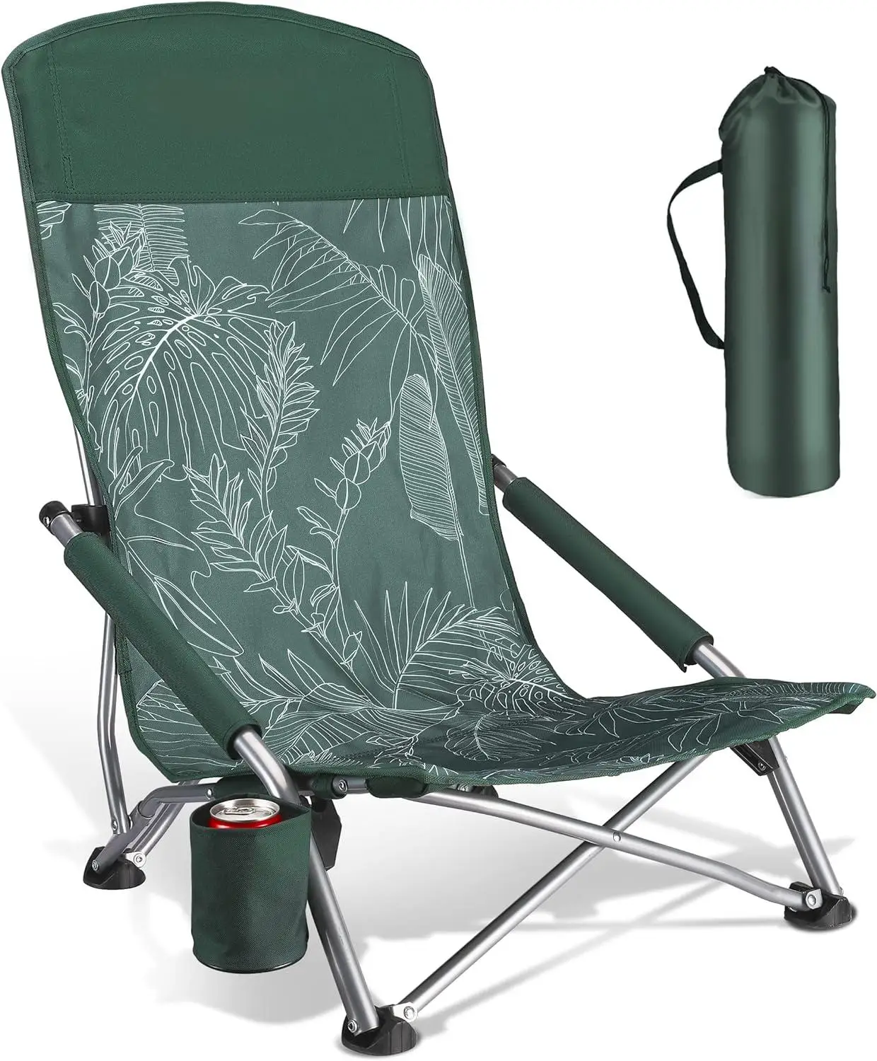 Adult high backrest folding beach chair, lightweight and portable, with cup holder and handbag vintage green leaves