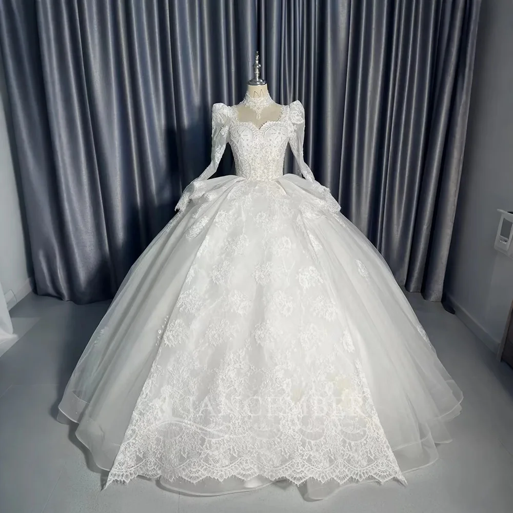 

Customized Exquisite Wedding Dresses Lace Princess Ball Gown Full Sleeve Lace Up Back Scoop Bride Button Vestido De Novia