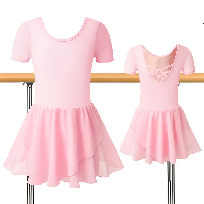Girls Short Sleeve Dance Dress Ballet Dance Leotards for girl Gymnastic Skirts with U-shaped Cross Straps and Double-layer Skirt