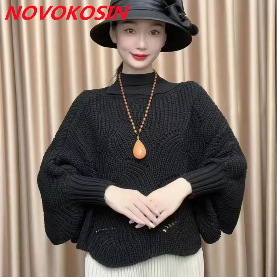 

Women Autumn Knitted Pullover Long Batwing Sleeves Sweater Loose Knitwear Hollow Out Outstreet Wear