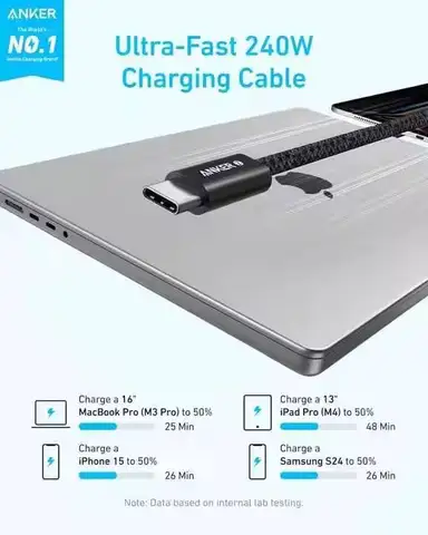 Кабель Anker Zolo 240W Type C для быстрой зарядки, USB-C на USB-C, плетеный, с тонким разъемом, защищенным от загрязнений, для серии iPhone 16