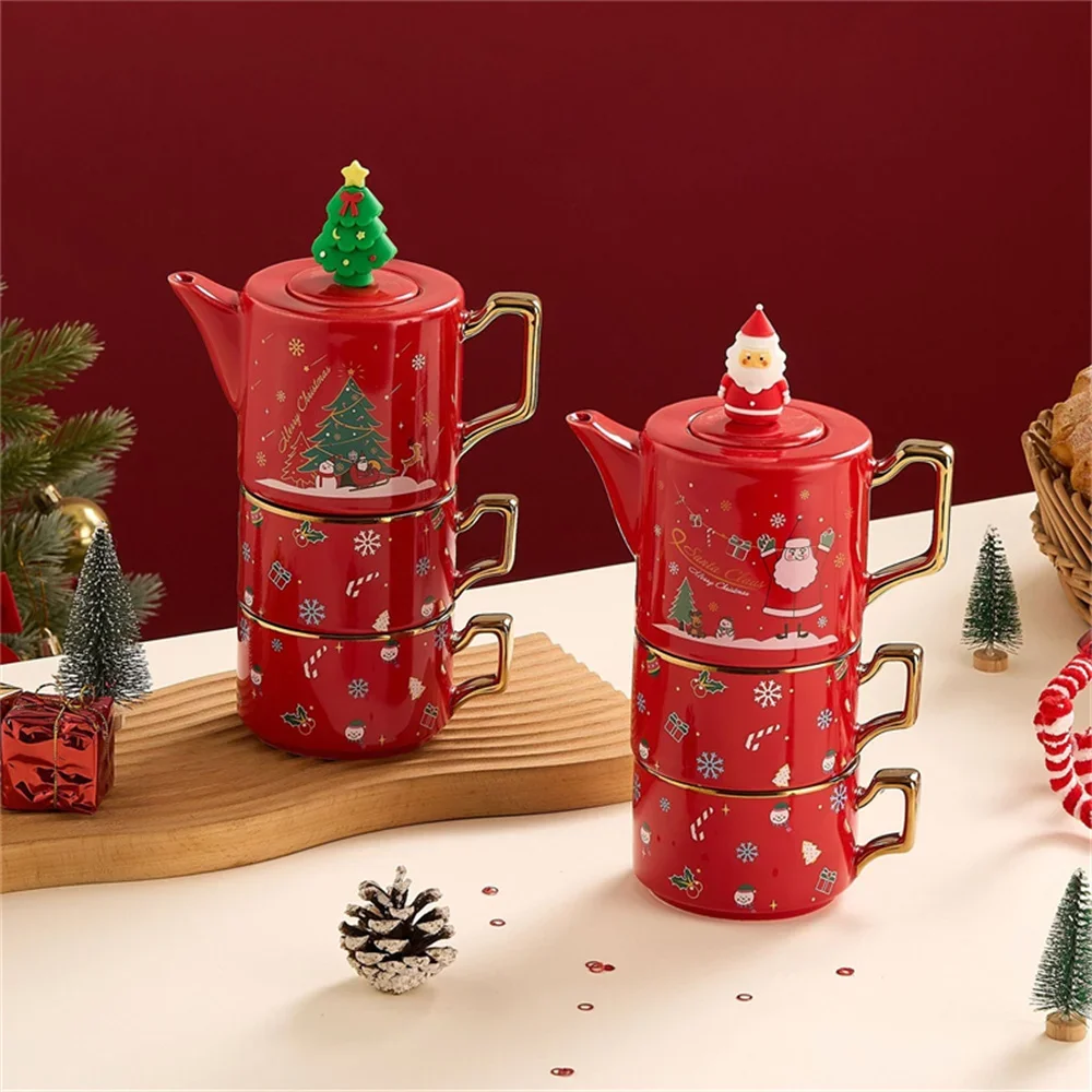 Red Santa Claus Snowman Elk Teapot teacup Christmas Ceramics Teaware Sets Coffee Cup Saucers Stackable Xmas Gift Ceramics Cups