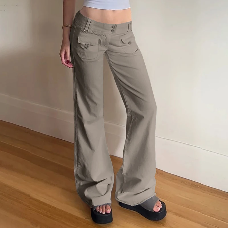 Zeyla Pantalon tissé taille basse pour femme, couleur unie, décontracté, jambes larges, poche basique, coupe cintrée, droit évasé, été, 2025