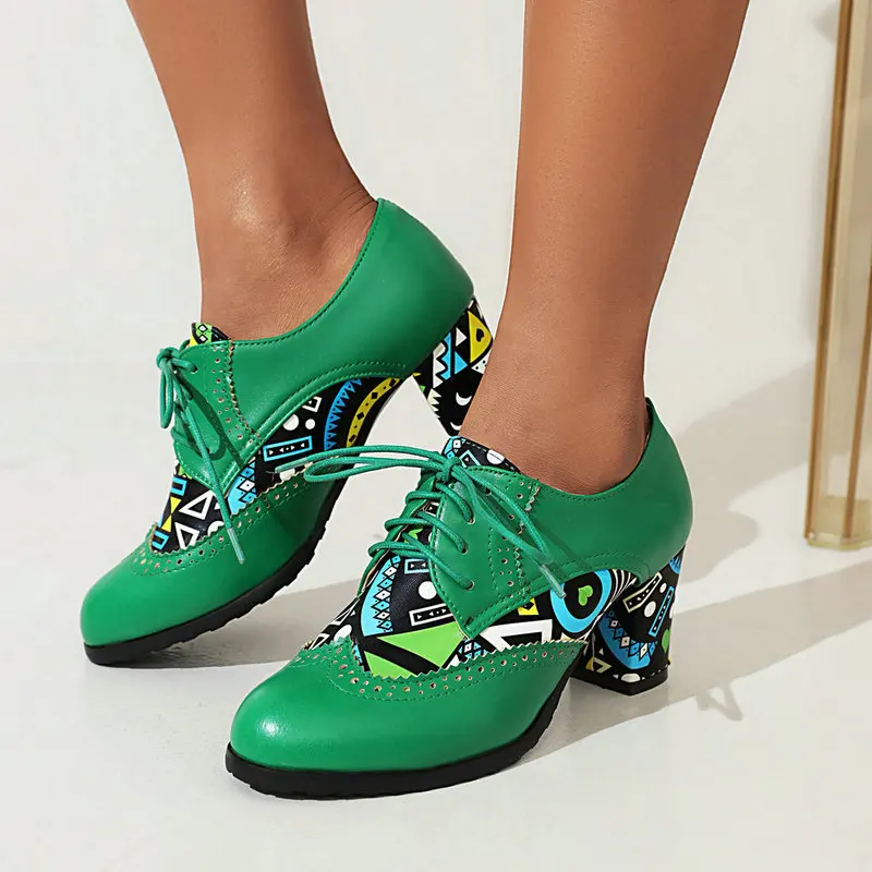Spring Autumn Women's Single Shoes Female Lace Up Casual Thick Heel Woman Shoes Retro Color Matching Ladies Leather Shoes 34-43