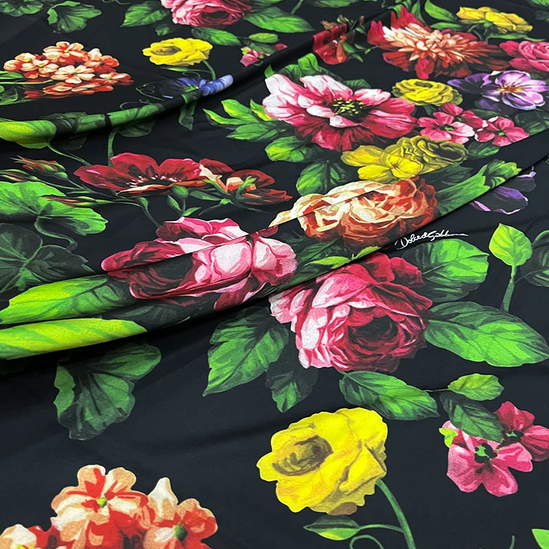 Soft Polyester Satin Fabric Italian Brand Fashion Design Natural Poplin Cotton Flower Printed Black Fabric Cloth for Dress