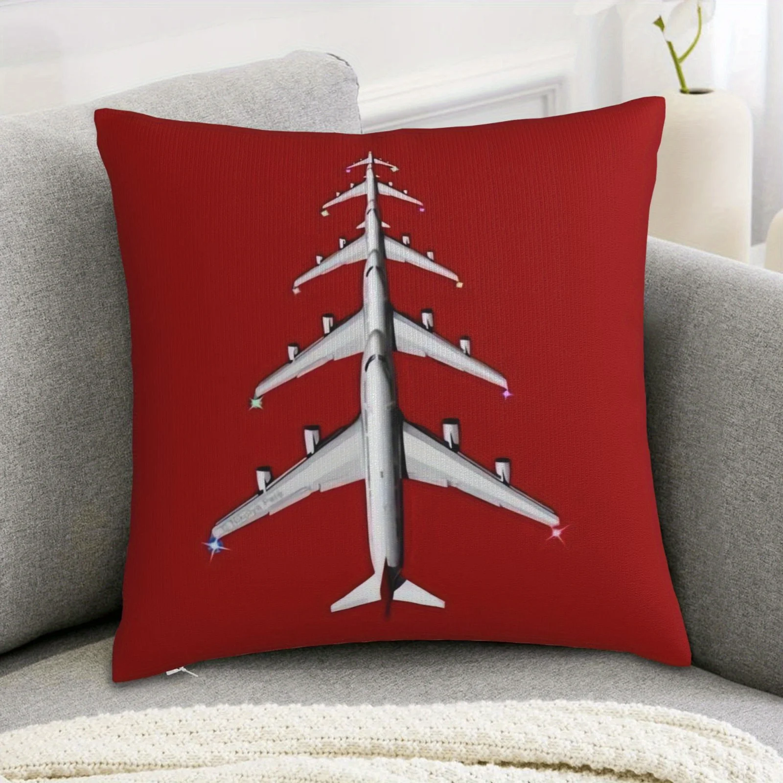 Red Airplane Christmas Tree Pillow Cover Silver Jet Design 18x18 Inch Square Holiday Decor