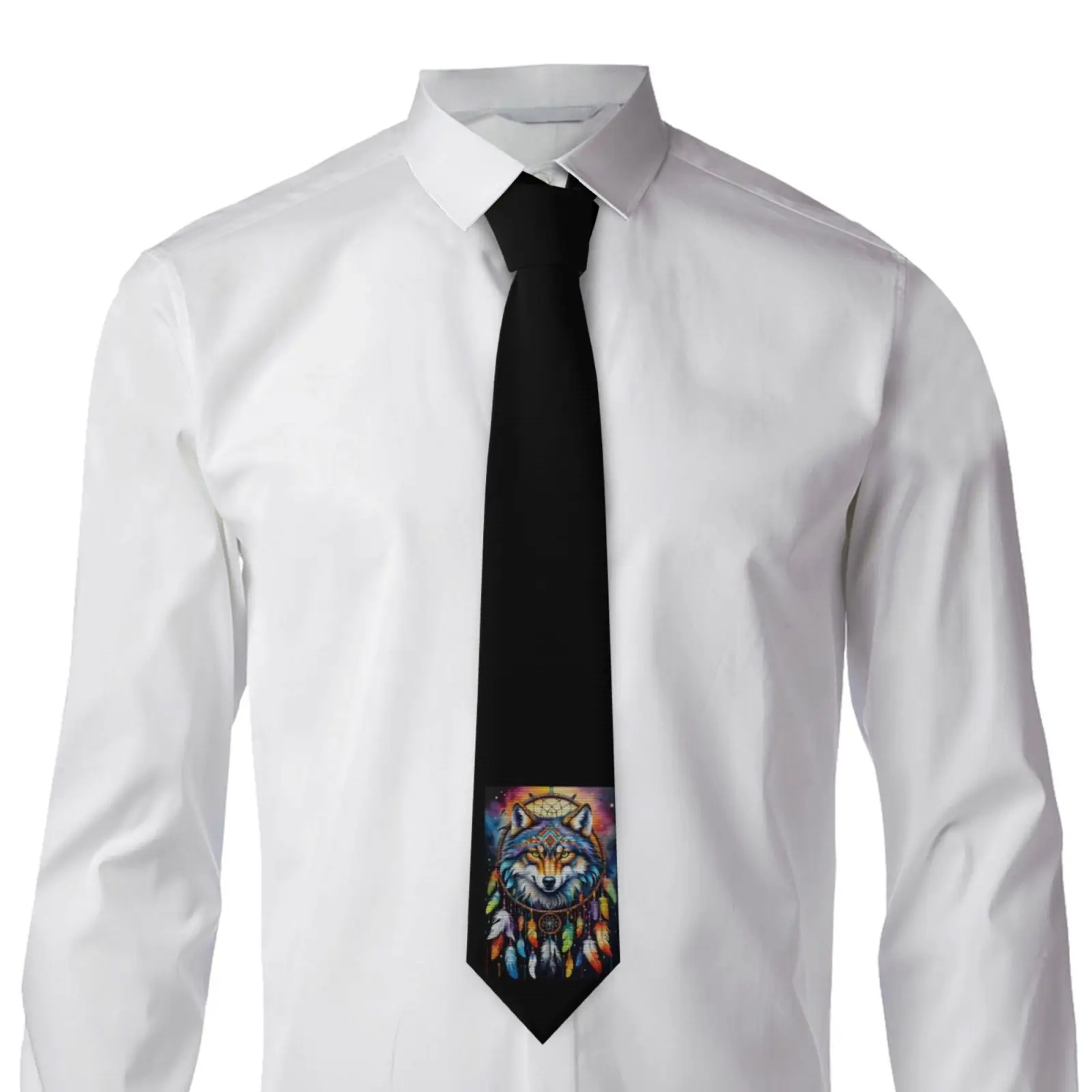 Vintage Tribal Wolf Dreamcatcher Necktie for Men, Colorful Feather Art Print Tie, Unique Novelty Statement Neck Tie