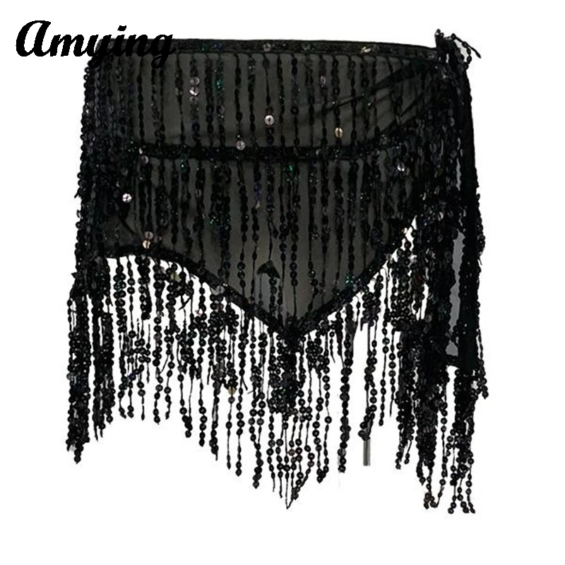 Lady Belly Dance Hip Skirt Belly Dance Tassel Waist Chain Bohemian Hip Scarf Skirt New Sequin Belt Performance Waist Scarf