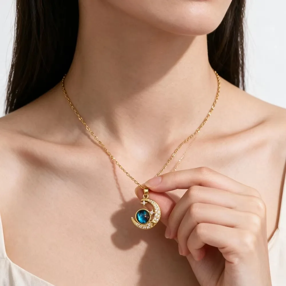 Moon Star Blue Planet Pendant Necklace Gold Plated Women Fashion Jewelry Casual Travel Evening Party Daily Wear Accessories
