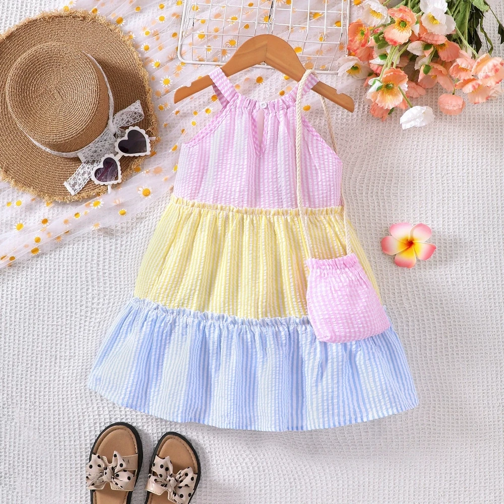 Girls' Summer Sleeveless Dress with Ruffled Hem & Striped Vertical Stripes Lightweight Beach Dresses with Bag Kid Girls Clothing