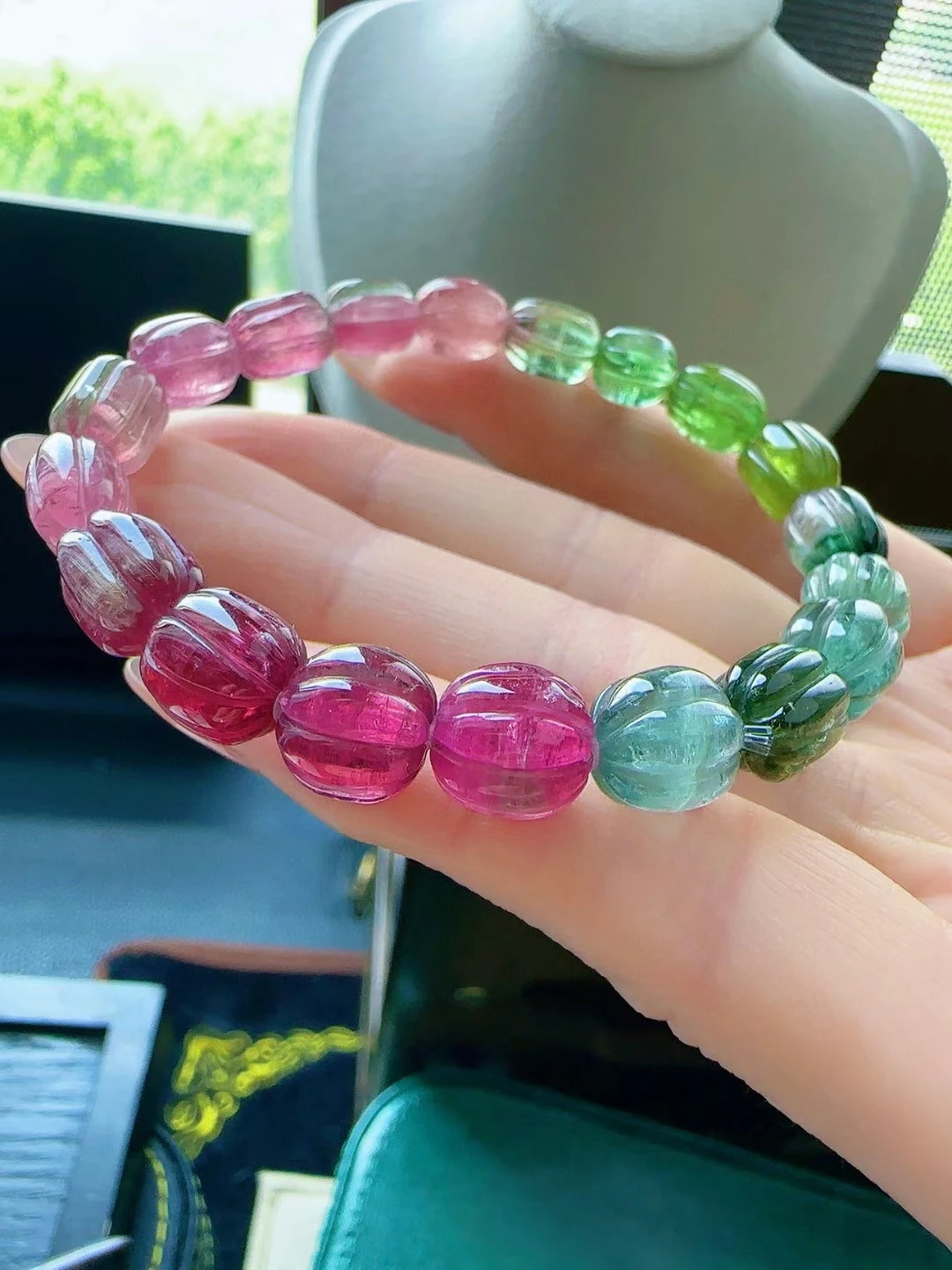 

Natural Colorful Tourmaline Clear Lotus Beads Bracelet 8.8/8.9mm Blue Watermelon Tourmaline For Women Men AAAAAAA