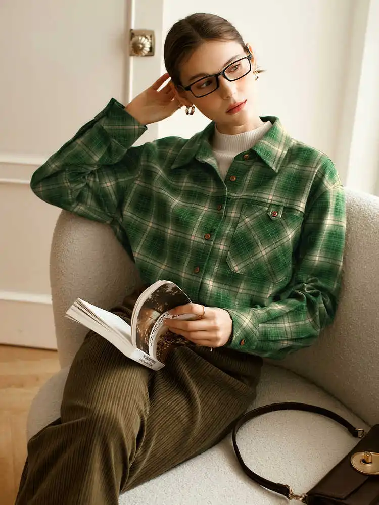 OLrain Green Plaid Women Shirts Spring 2025 Casual Loose Fit Commute Turn Down Collar Long Sleeve Spliced Button Tops O56DC95310