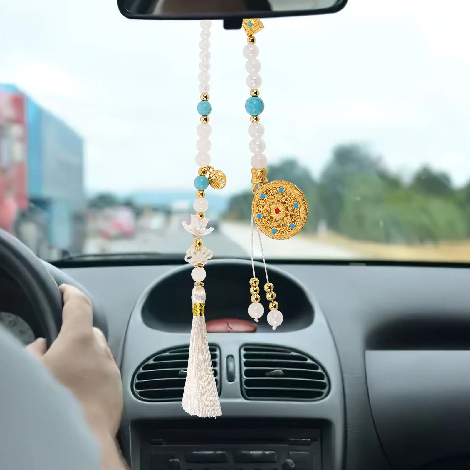 Chinese Vintage Car Hanging Ornament Rearview Mirror Tassel Elegant Hollow Circle Design Cultural Feng Shui Symbol Car Interior