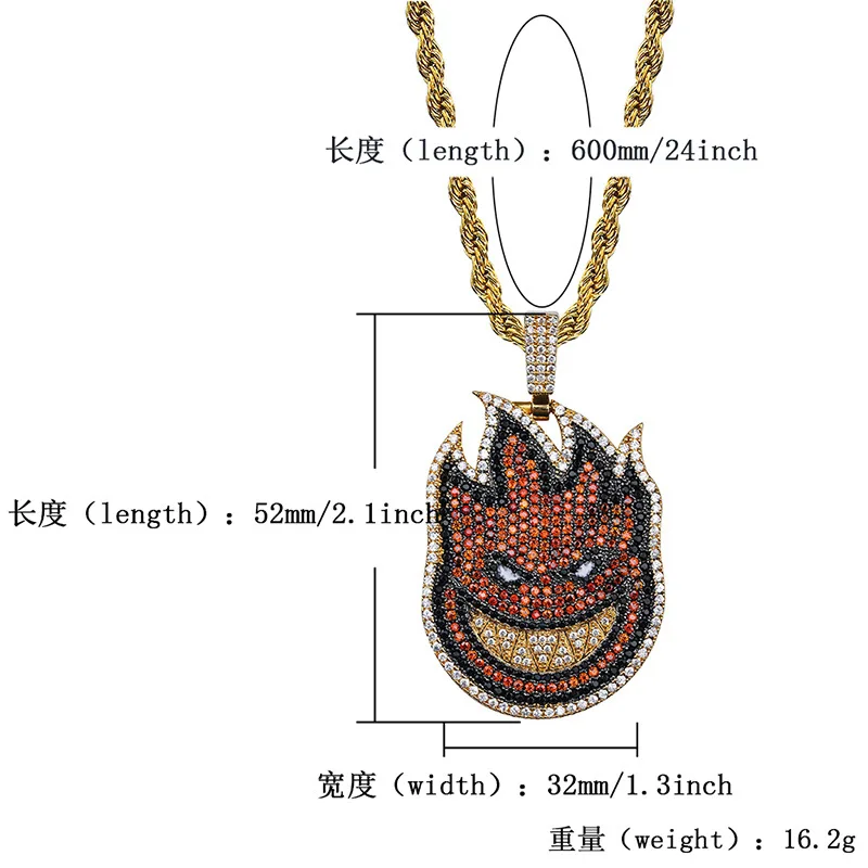 Hip Hop Micro Paved AAA+ Cubic Zirconia Iced Out Bling Evil Spitfire Pendants Necklace for Men Women  Jewelry Gold Silver Color