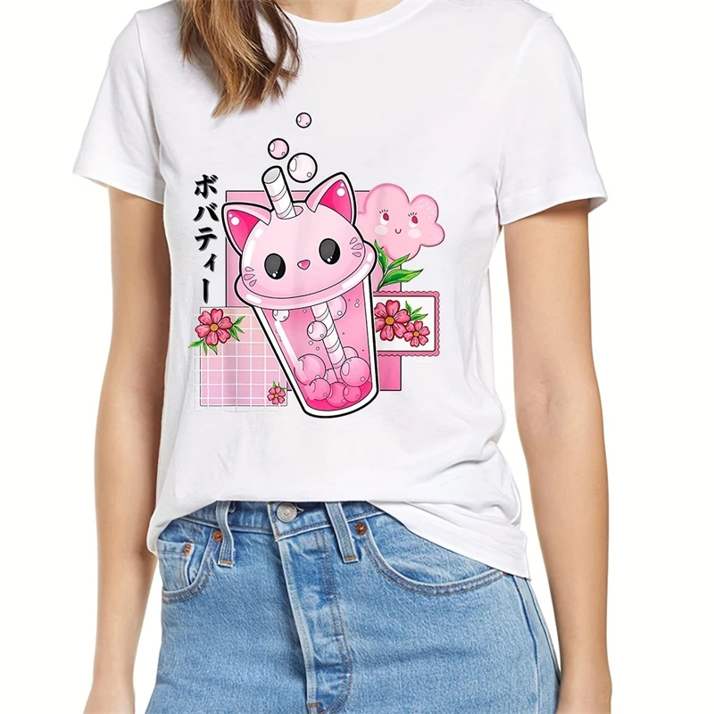 Camiseta con estampado de burbujas de gato de té Boba, camiseta Kawaii de manga corta con cuello redondo para primavera y verano