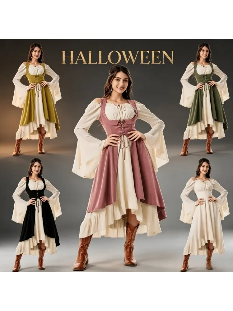 Damen Vintage Piratenkapitänin Jägerin Cosplay Kostüm, Halloween Renaissance Gothic Korsett Langes Kleid, Party Rollenspiel Outfit