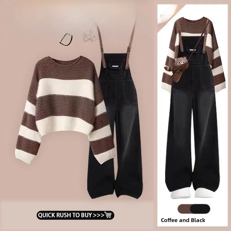 

Spring 2026 Fashionable Striped Sweater And Vintage Denim Overalls Slimming Two-Piece Set Comfortable Cotton Long Sleeve roun...