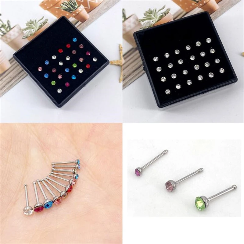 1Set 24pcs Stainless Steels Colorful  Rhinestones Ear Stud Fashion Nose Ring Body Piercing Jewelry Accesories Supplies for Women