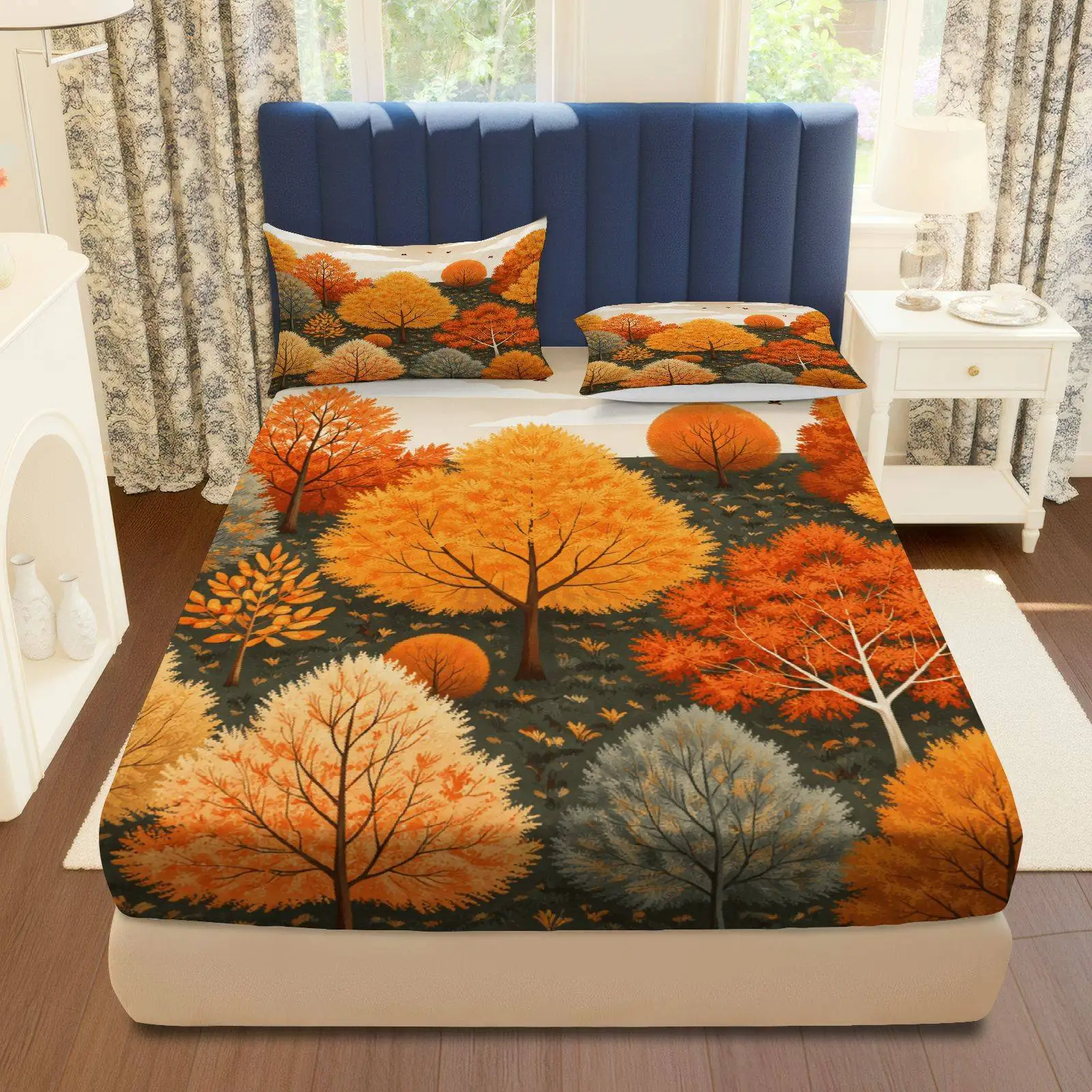 Autumn Tree Natural Landscape Bedding Set Thanksgiving Theme Three-Piece Bedding Set (Includes 1 Fitted Sheet + 2 Pillowcases) 3-Piece Set, Large Capacity Deep Pocket 2D Printed Fitted Sheet and 2 Pillowcases Bedding Mattress Protector, Fitted Elastic Style Protective Cover, Mattress Protector, Suitable for All Seasons, Machine Washable Design, Holiday Decoration, Various Sizes, Breathable Protective Cover with Pillowcase