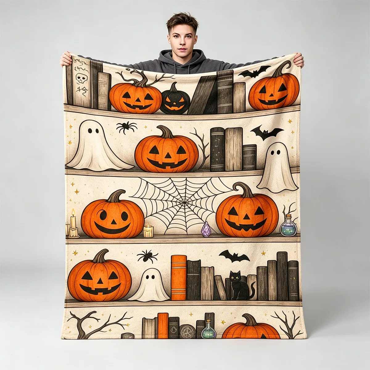 Newest Halloween Cute Ghost Guitar Pumpkin Black Background Flannel Throw Blanket, Spooky Cartoon Holiday Blanket for Sofa Decor